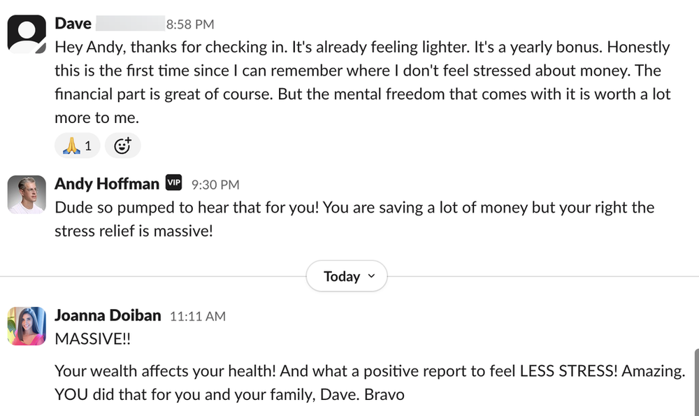 Client message: first time not feeling stressed about money