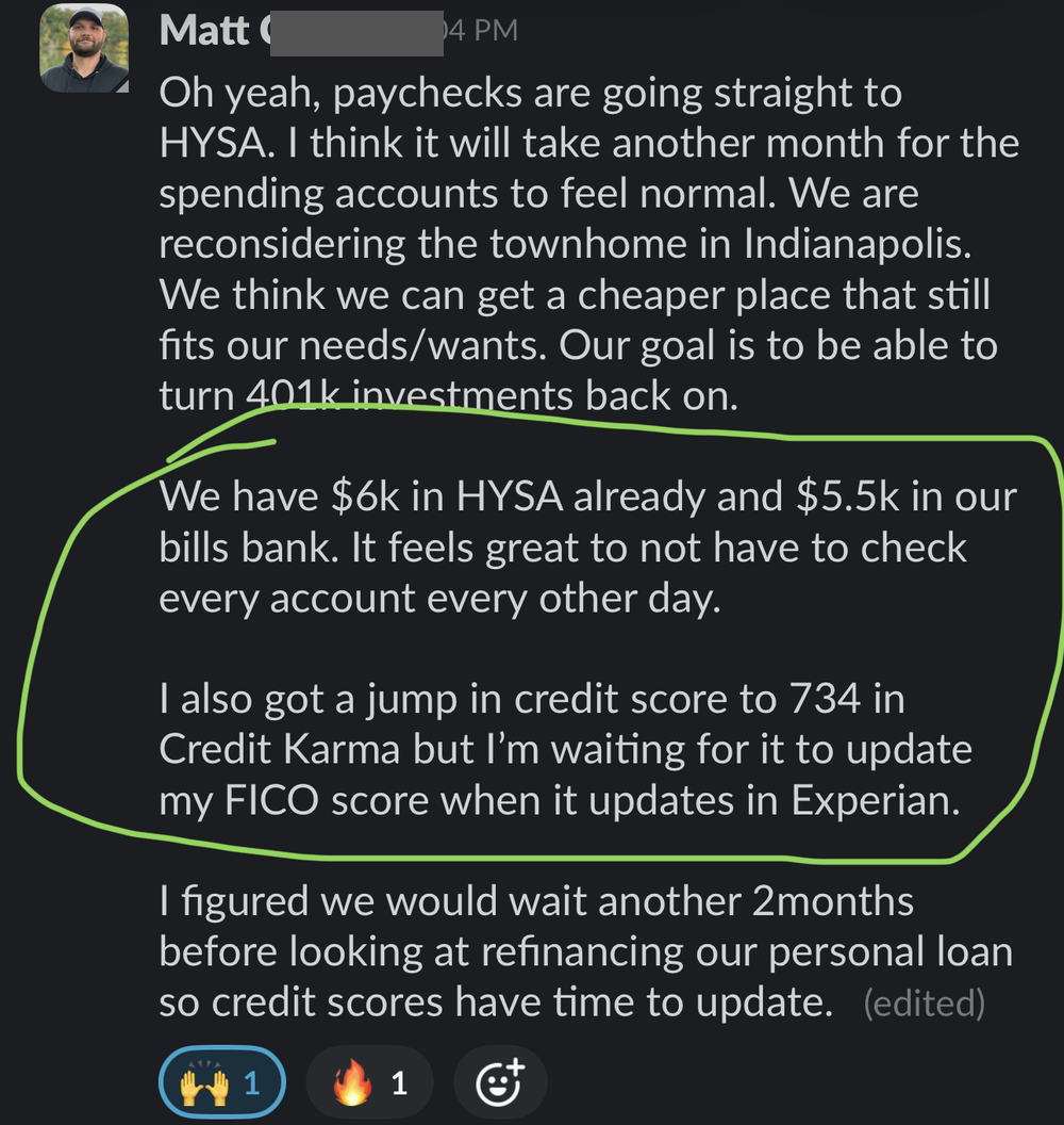 Client message: $6k saved and a credit-score jump to 734
