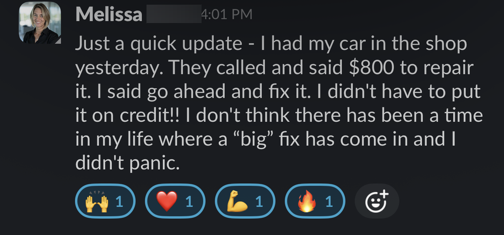 Client message: covered an $800 car repair without reaching for credit